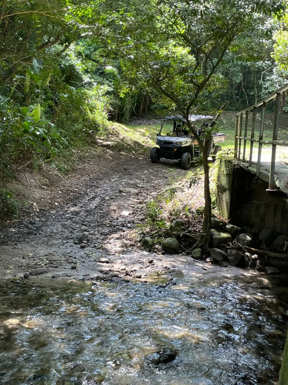Mulita de LASS cruzando una ruta junto al río
